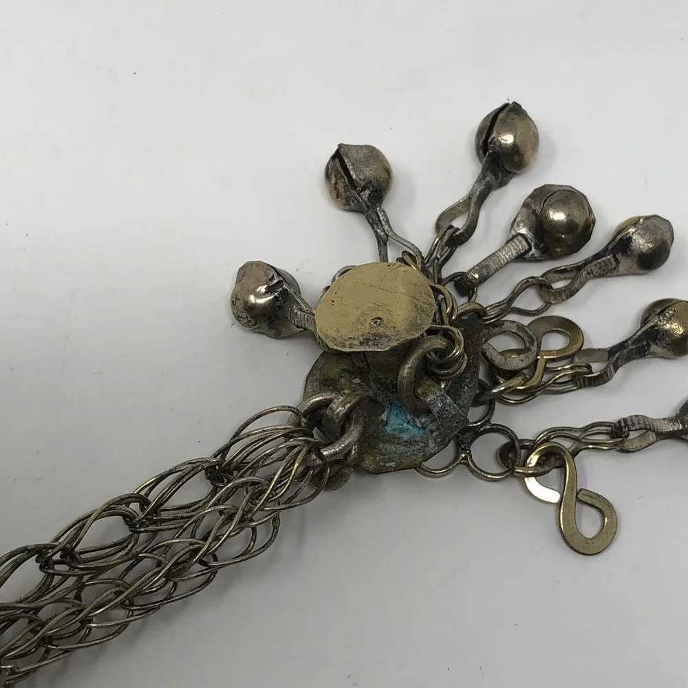 Tribal Amulet Pendant Box Jacket Closure Silver Brass Tone Blue Stone‎